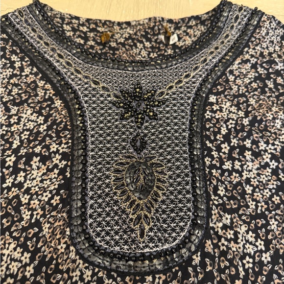 Boho Black Tan and White Midi Dress Beaded Accents - Picture 6 of 8